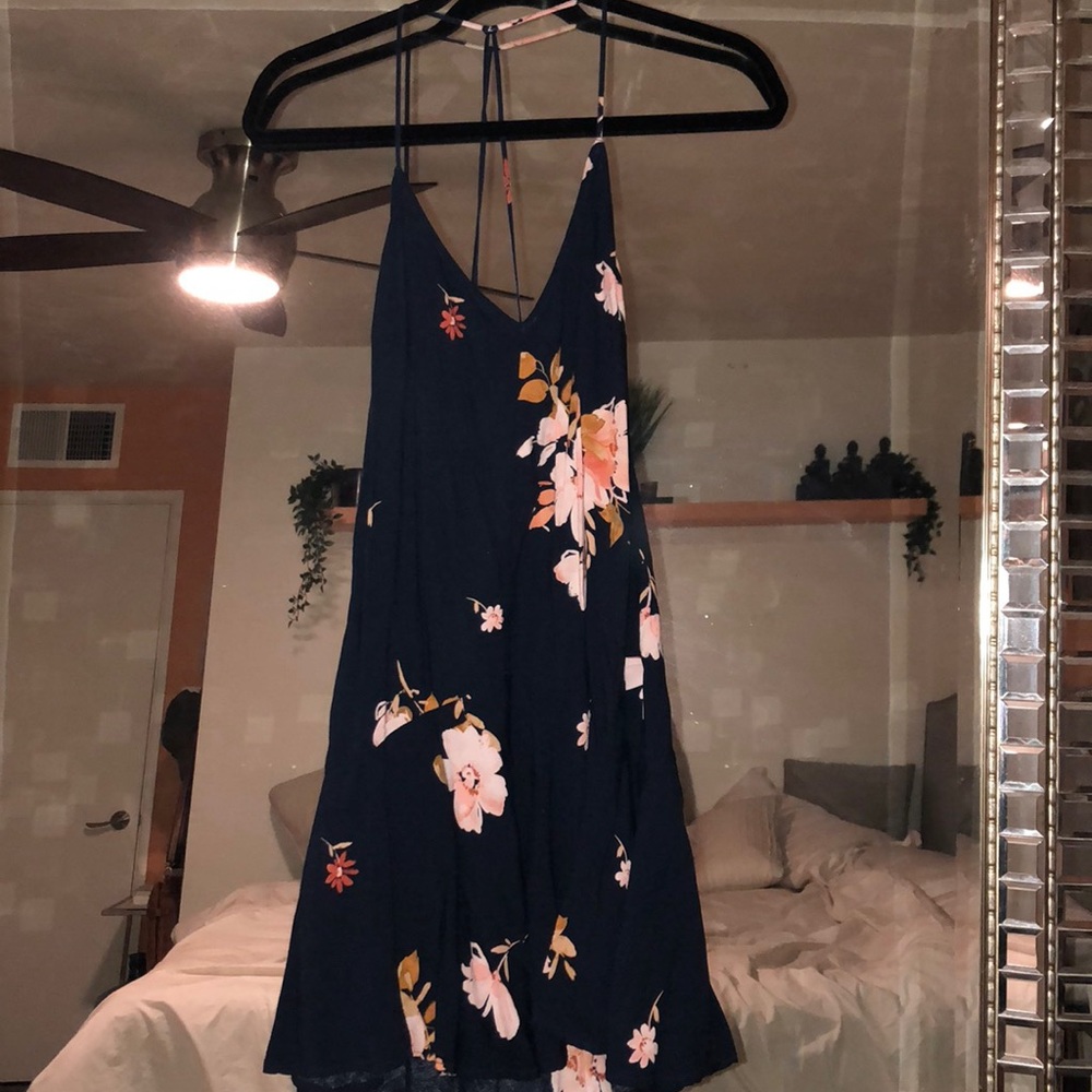 Navy blue floral dress.